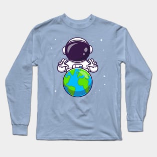 Cute Astronaut With Earth In Space Cartoon Long Sleeve T-Shirt